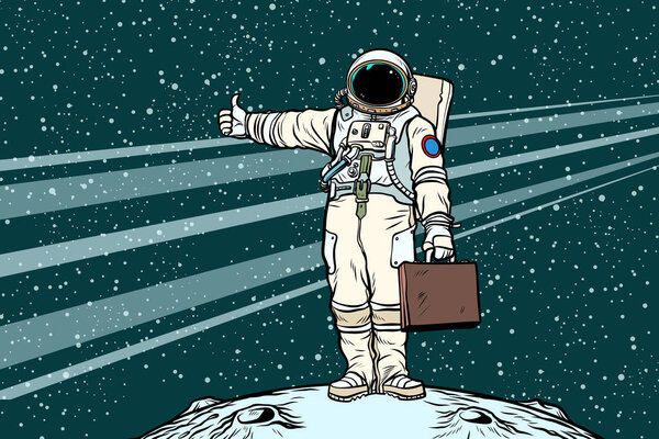 hitchhiker astronaut with travel suitcase