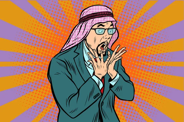 Empresário árabe surpreendido, reação emocional —  Vetores de Stock