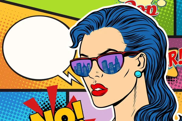 Arte pop hermosa mujer en gafas de sol — Vector de stock