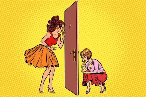 Dos mujeres se espían a través de la puerta. — Vector de stock