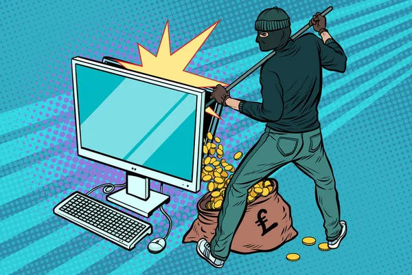 Pirate en ligne vole livre d'argent de l'ordinateur — Image vectorielle