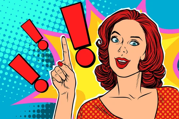 Signo de exclamación y feliz pop mujer de arte — Vector de stock