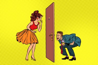 man and woman looking through a door, peephole and keyhole clipart