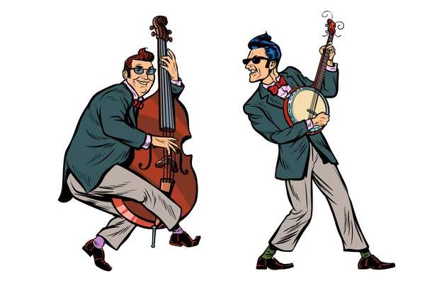 Musicisti jazz rockabilly, contrabbasso e banjo — Vettoriale Stock