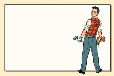 adam ve onarım, matkap çekiç, uzay arka plan kopyalama