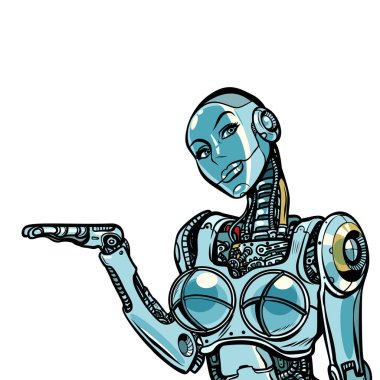 Güzel kadın robot sunar. Beyaz arka plan üzerinde izole