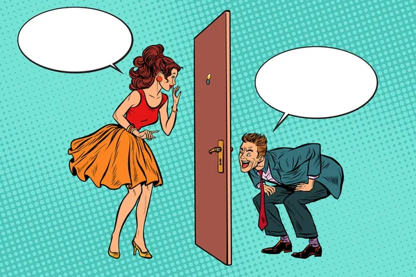 Homem e mulher olhando através de uma porta, Voyeurismo e privacidade —  Vetores de Stock