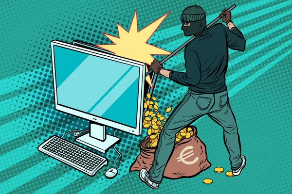 Online hacker krade peníze Euro z počítače — Stockový vektor