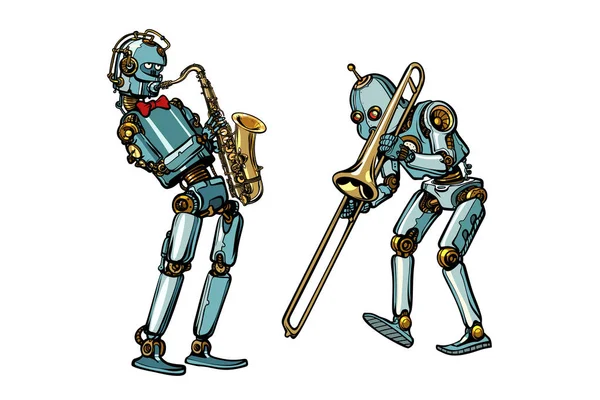 Brass band muzikanten robots, saxofoon en trombone — Stockvector