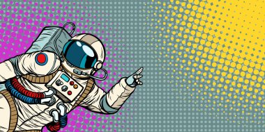 MoCap erkek astronot el kopya alanı üzerinde gösterir.