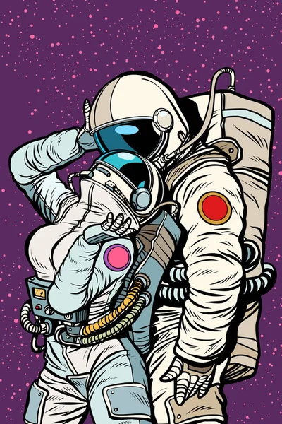 Amour cosmique des cosmonautes, homme étreint femme — Image vectorielle