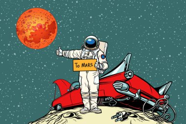 Mars giden yol. uzayda astronot otostopçu araba bozuldu