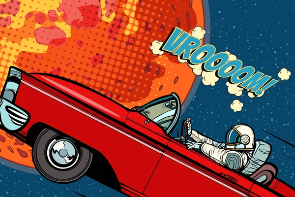 Astronauta en un coche sobre el planeta Marte — Vector de stock