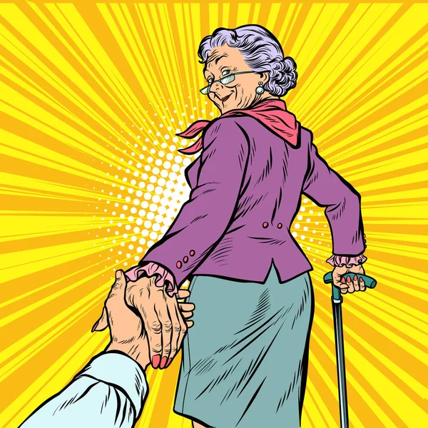 Следуйте за мной Зрелая женщина Бабушка ведет руку — стоковый вектор