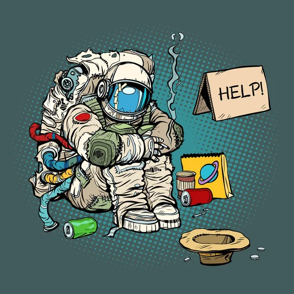 Crowdfunding-Konzept. ein armer obdachloser Astronaut bittet um Geld — Stockvektor
