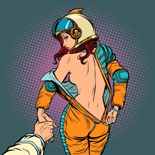 Sígueme desnuda astronauta mujer, pareja amor y sexy — Archivo Imágenes Vectoriales