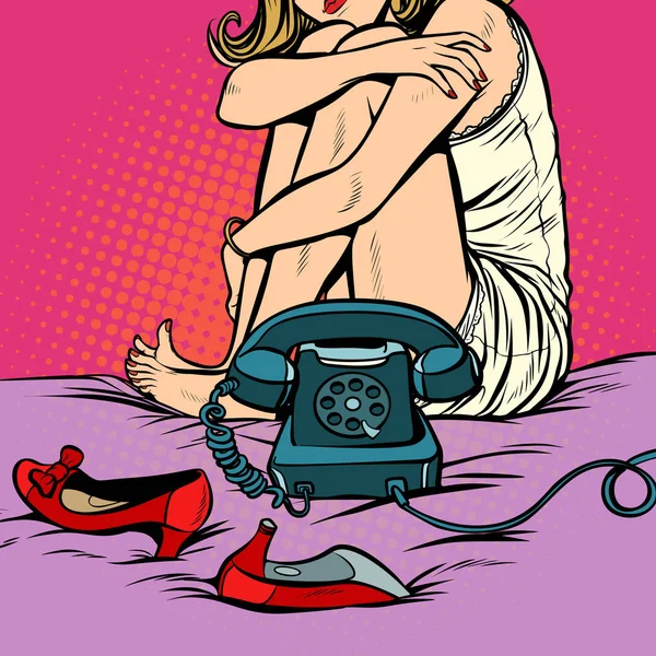 Mujer sentada en un teléfono retro — Vector de stock
