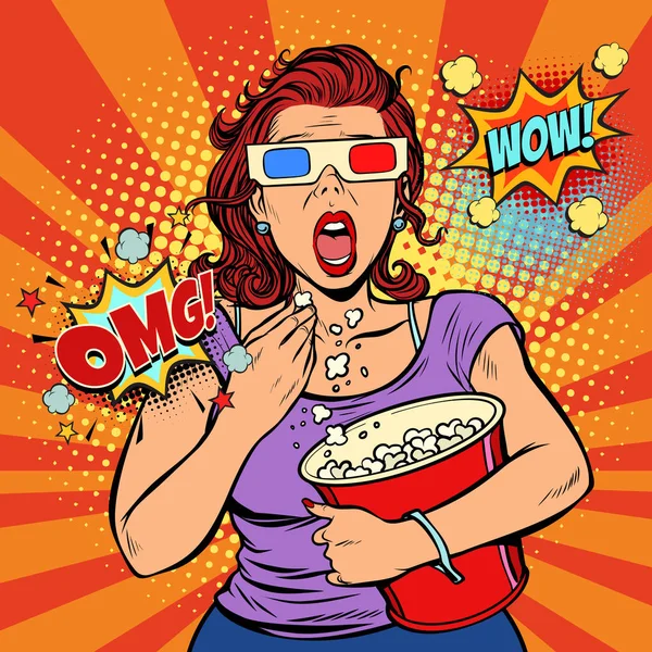 Женщина в 3D очках смотрит фильм ужасов и ест попкорн — стоковый вектор