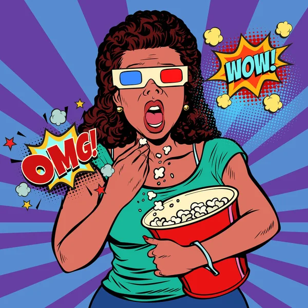3d 眼镜的女人看恐怖电影和吃爆米花 — 图库矢量图片