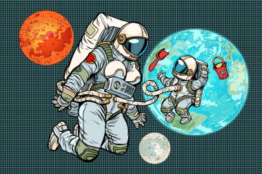 Astronot anne ve çocuk Planet Earth. İnsanlık ve uni