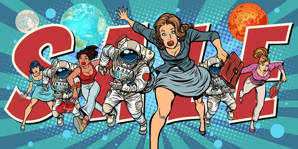 Mulheres e astronautas correndo para venda —  Vetores de Stock