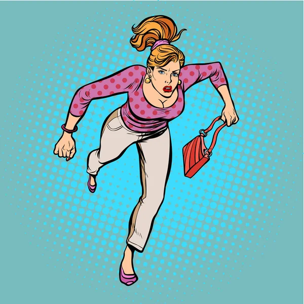 Hermosa mujer con una bolsa corriendo — Vector de stock