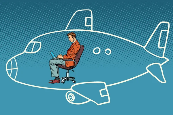 Geschäftsmann, der am Laptop arbeitet, träumt vom Fliegen im Flugzeug — Stockvektor