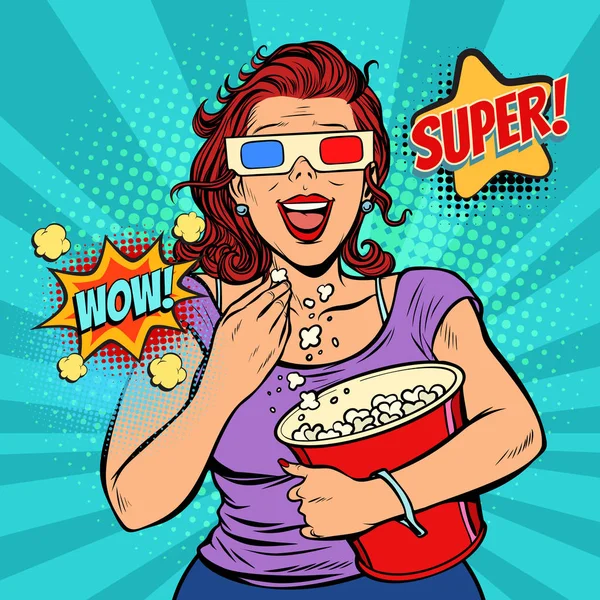 3d 眼镜的女人看电影, 微笑着吃爆米花 — 图库矢量图片