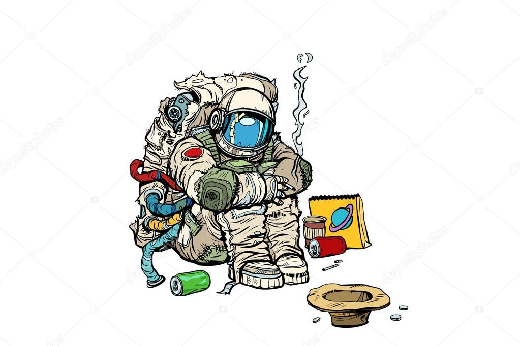 Crowdfunding concept. A poor homeless astronaut asks for money