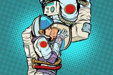 Kiss love couple male and female astronauts clipart