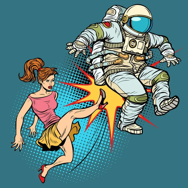 La mujer patea una pelea familiar de astronautas — Archivo Imágenes Vectoriales