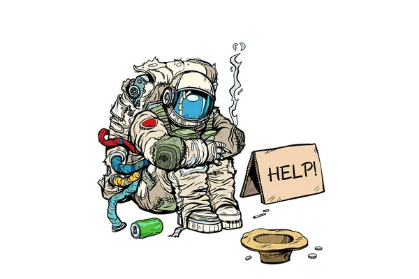 Crowdfunding concept. A poor homeless astronaut asks for money — Stock Vector