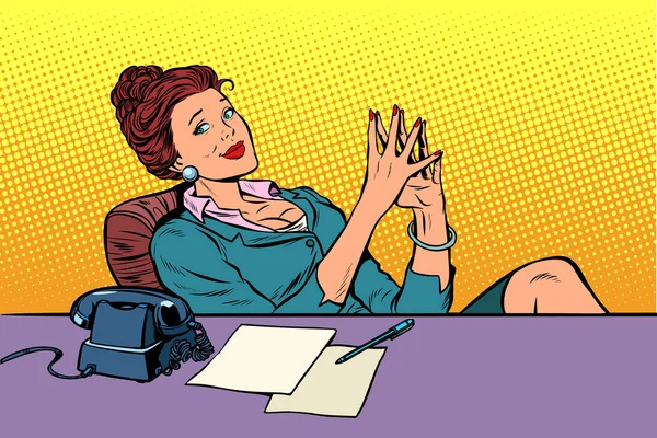 女实业家老板坐在办公室办公桌前 — 图库矢量图片