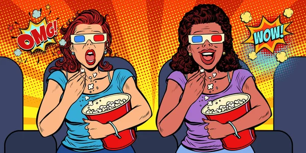 Zwei Frauen mit 3D-Brille reagieren unterschiedlich auf den Film. lacht — Stockvektor