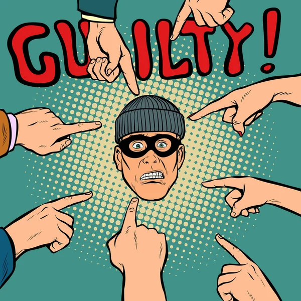 Guilty thief robber, hands point to the center — Stock Vector