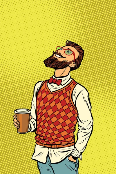 Hipster drinks coffee and looks up — Stock Vector