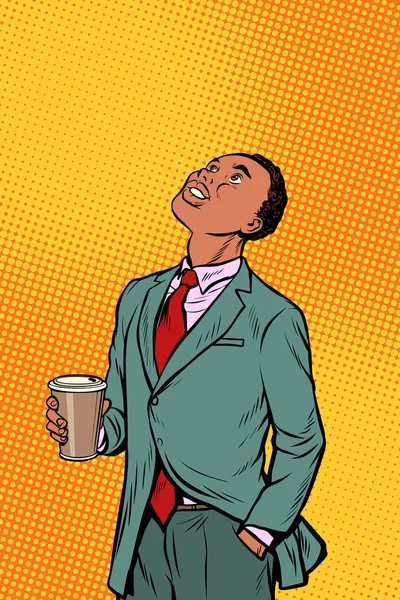 コーヒーを飲みながら、見上げてアフリカの実業家 — ストックベクタ