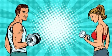 Fitness Spor arka plan, erkek ve kadın dumbbells ile