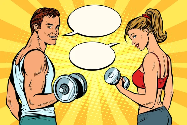 Man and woman with dumbbells, comic strip dialogue bubble — Stock Vector