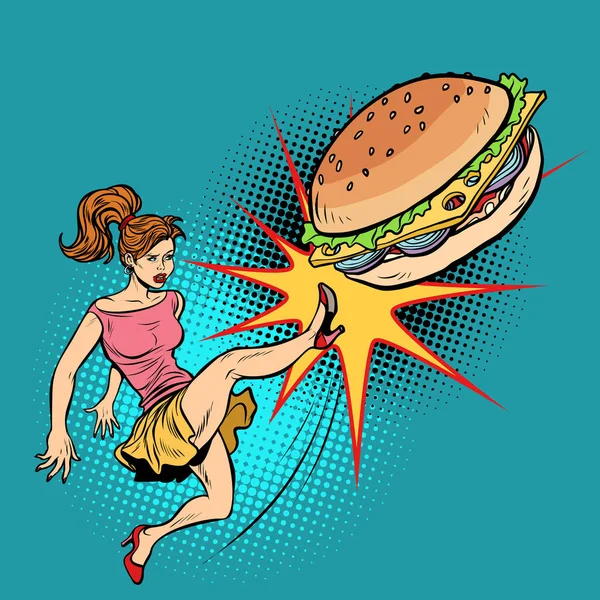 Frau tritt gegen Burger, Fastfood und gesunde Ernährung — Stockvektor