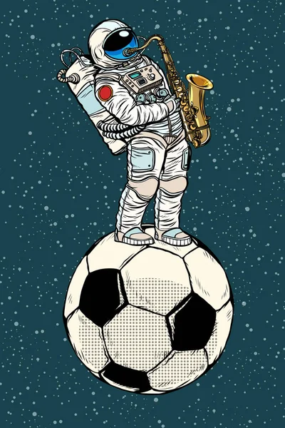 Astronauta toca el saxofón en una pelota de fútbol — Vector de stock