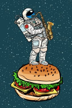 Astronot saksafon hamburger üzerinde çalış.