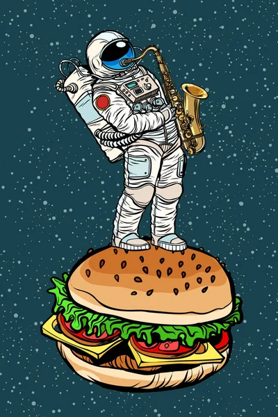 Astronauten spelar saxofon på en hamburgare — Stock vektor
