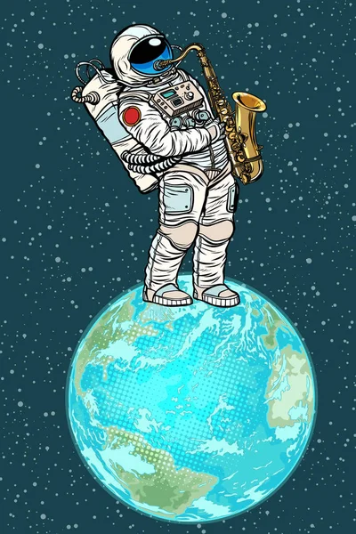 Astronaut speelt saxofoon op de planeet aarde — Stockvector