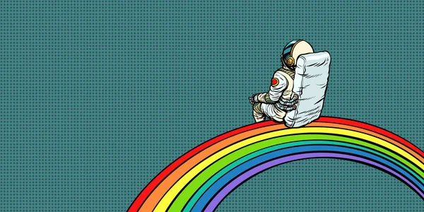 Astronauta si siede su un arcobaleno — Vettoriale Stock