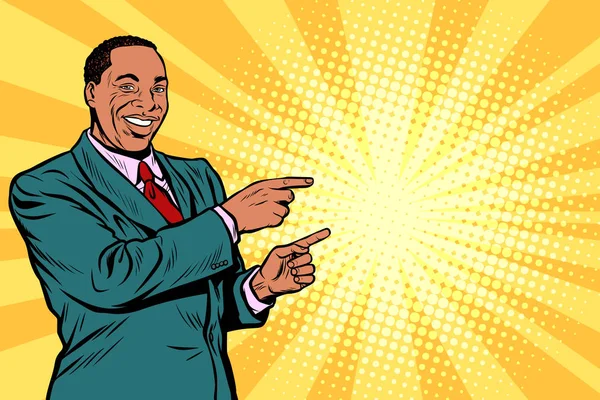 African businessman pointing finger at the side — Stock Vector