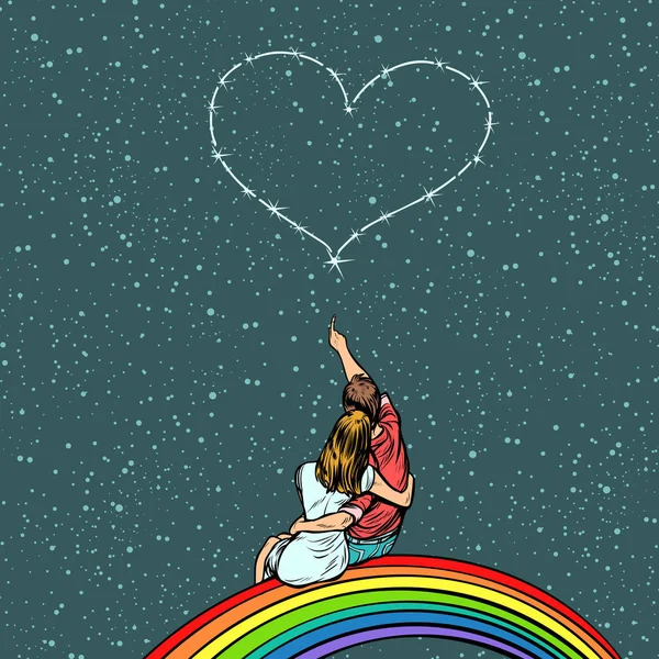 Couple amoureux regarde le cœur et s'assoit sur un arc-en-ciel — Image vectorielle