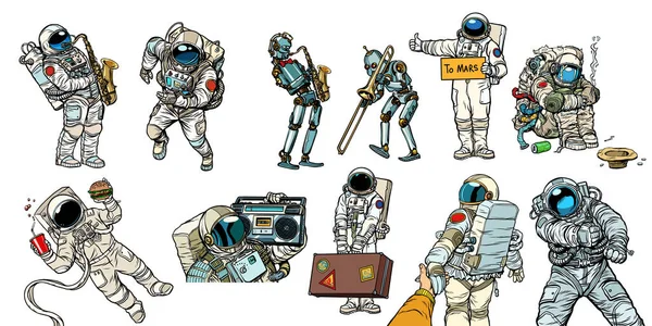 Conjunto de astronautas e robôs de coleta —  Vetores de Stock