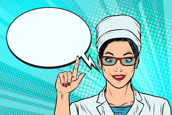 Kvinna läkare säger eller rekommenderar, en serietidning bubbla — Stock vektor