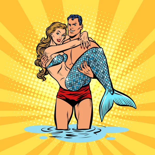 情侣相爱。美人鱼和英俊的男性游泳者 — 图库矢量图片